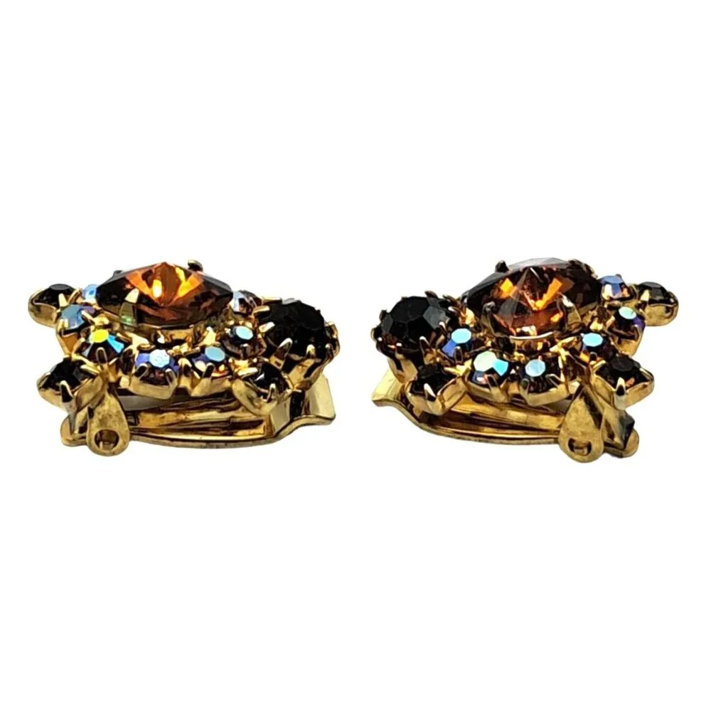 Vintage Rivoli Rhinestone Earrings Aurora Borealis Brown Clip Ons Costume Jewelr - Picture 6 of 11